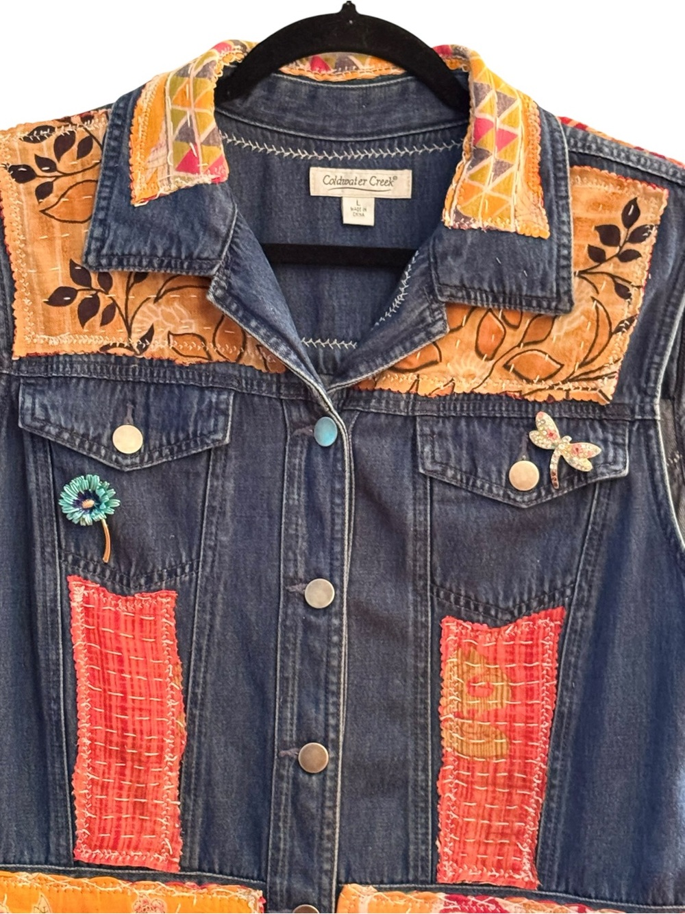 Upcycled Denim Duster Vest Kantha Patchwork Boho Wearable Art Festival Jacket L - Picture 2 of 8